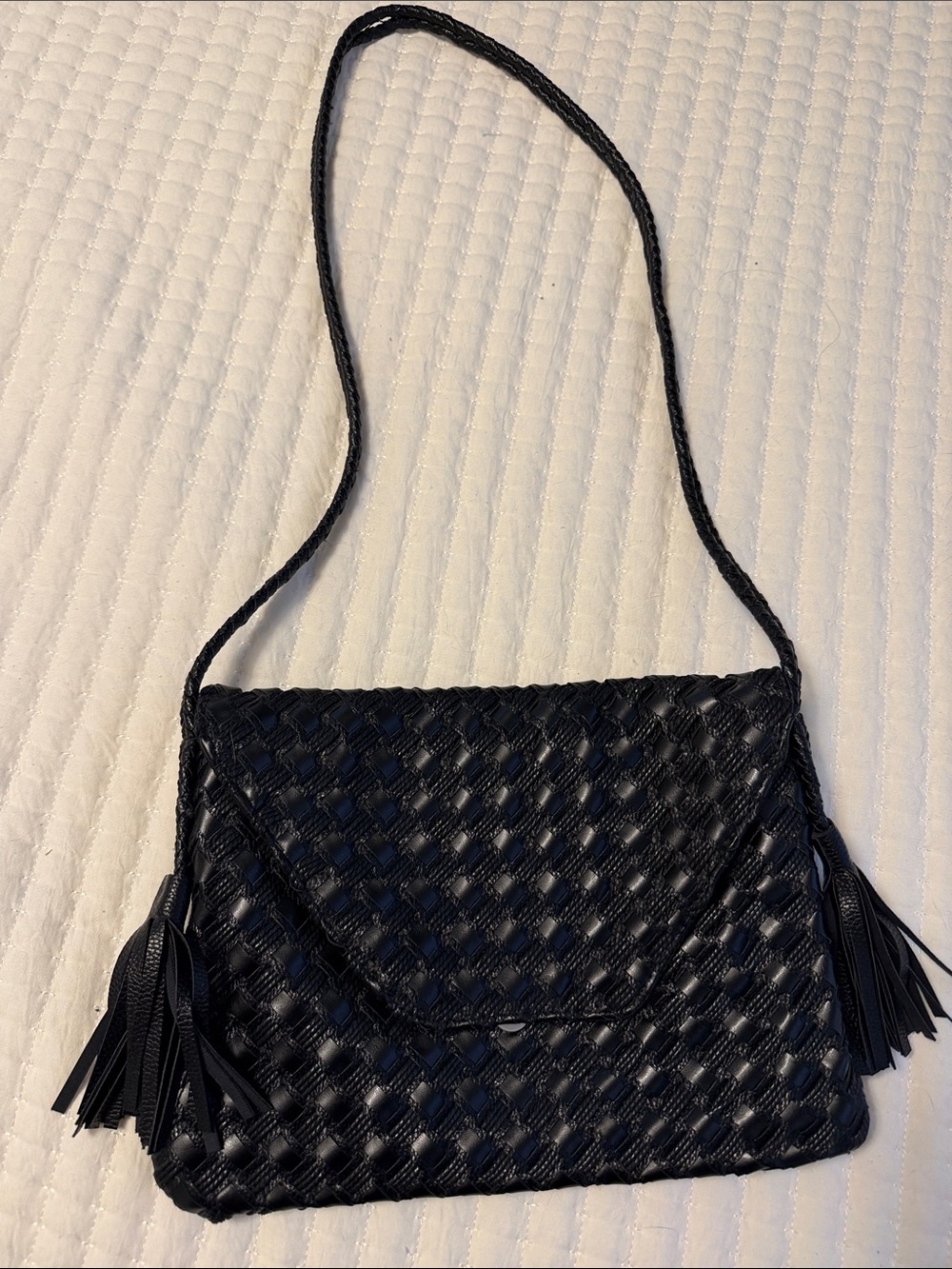 Anthropologie Black Woven Shoulder Bag with Tassels